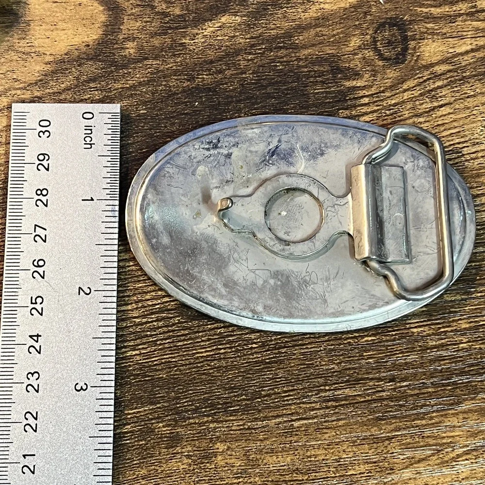 Vintage Western Belt Buckle Blue White Silver Etched Geometric Rope Border Metal